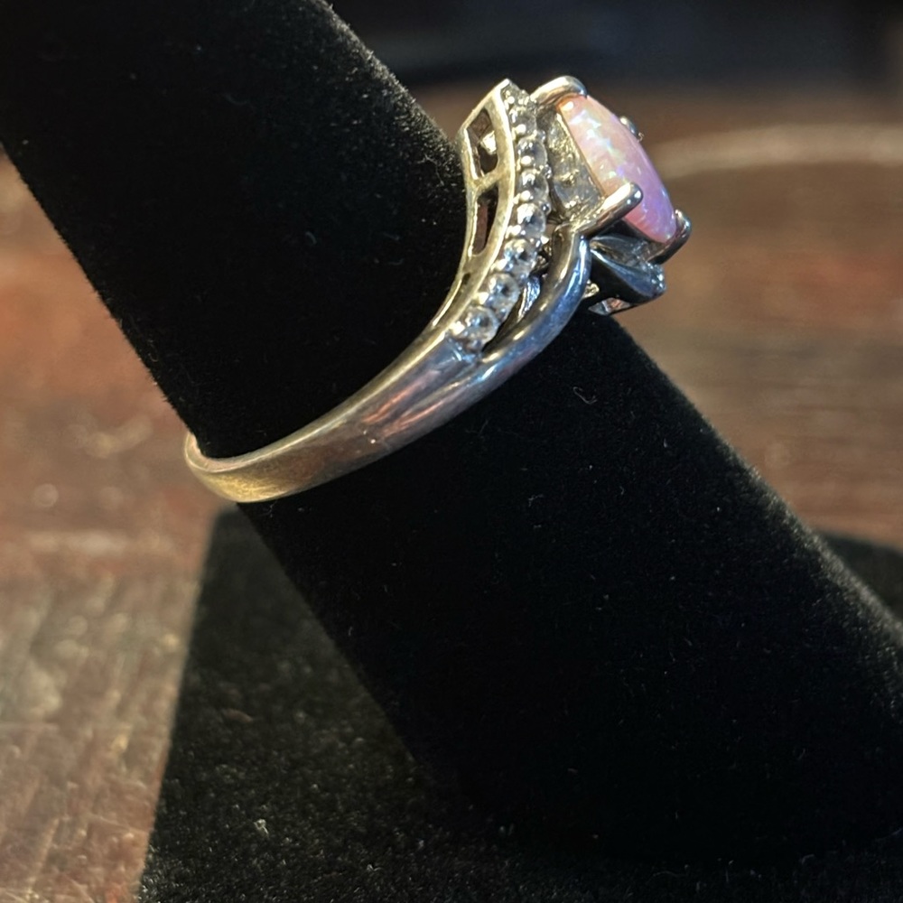 EUC Pink opal with white sapphire sterling silver ring size 8 - Picture 2 of 6